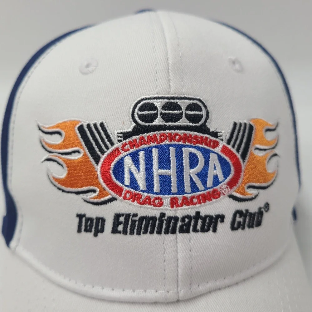 NHRA Hat Adjustable White Blue Top Eliminator Club 2023 Drag Racing USA Flag Men